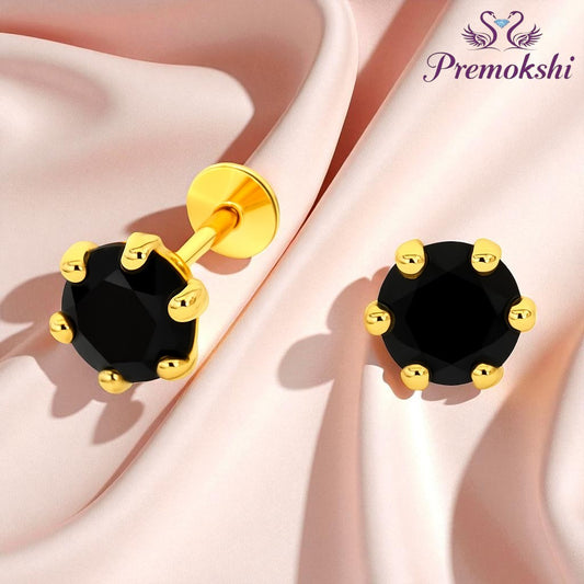 Pure Yellow Gold Stud Earring For Women, Man, Boys and Girls (EAR102-5.5MM-BLACK)