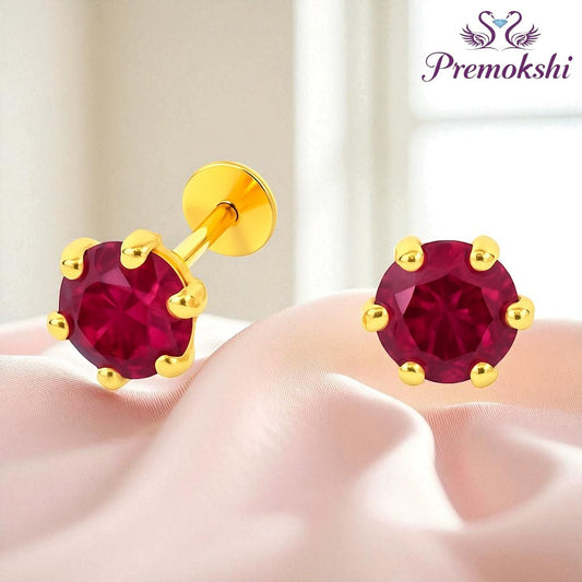 Pure Yellow Gold Stud Earring For Women, Man, Boys and Girls (EAR102-5.5MM-RHODOLITE)