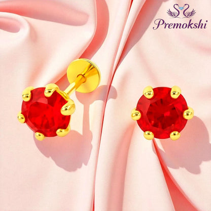Pure Yellow Gold Stud Earring For Women, Man, Boys and Girls (EAR102-5.5MM-RED)