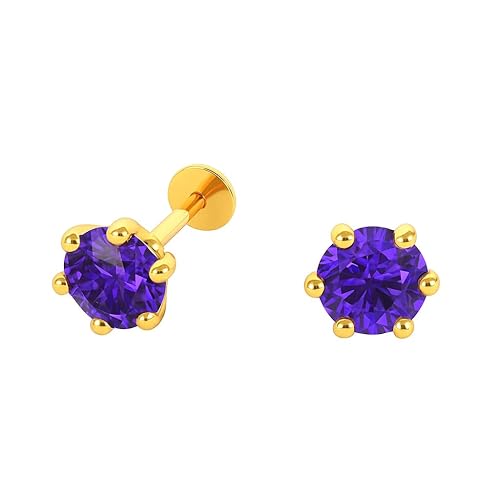 Pure Yellow Gold Stud Earring For Women, Man, Boys and Girls (EAR102-5.5MM-BLUE)