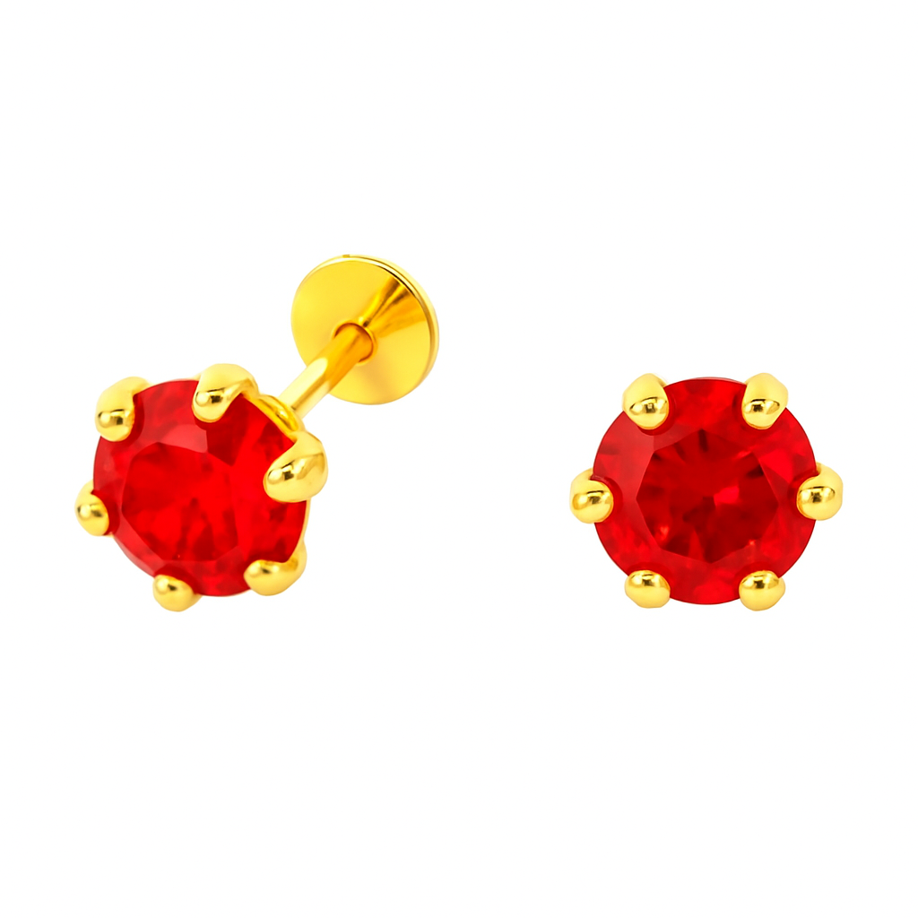 Pure Yellow Gold Stud Earring For Women, Man, Boys and Girls (EAR102-5.5MM-RED)